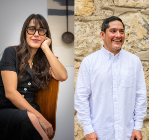 Rigoberto Luna: Portrait of a smiling man wearing a white button-down shirt, standing outdoors in front of a textured stone wall and looking slightly off to the side. Jenelle Esparza: Portrait of a woman with long dark hair and bangs, wearing glasses and a black outfit, resting her head on her hand while seated on a wooden chair indoors.