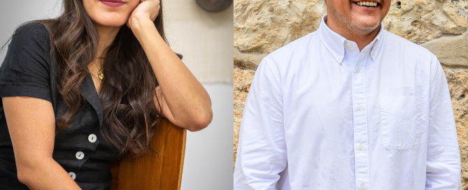 Rigoberto Luna: Portrait of a smiling man wearing a white button-down shirt, standing outdoors in front of a textured stone wall and looking slightly off to the side. Jenelle Esparza: Portrait of a woman with long dark hair and bangs, wearing glasses and a black outfit, resting her head on her hand while seated on a wooden chair indoors.